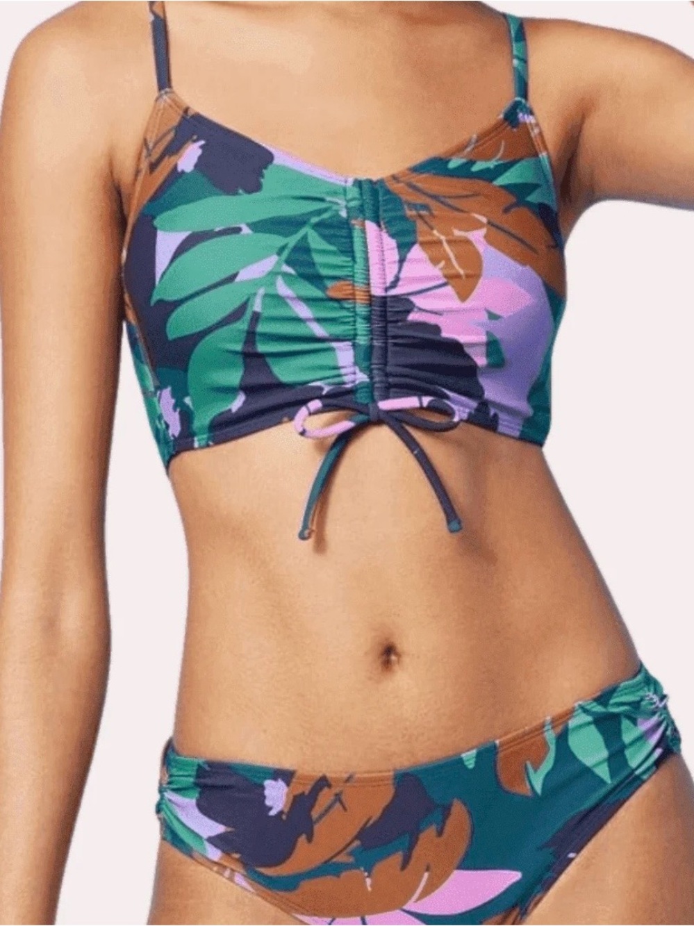 Shade & Shore Green Purple Tropical Ruched Tankini Bikini